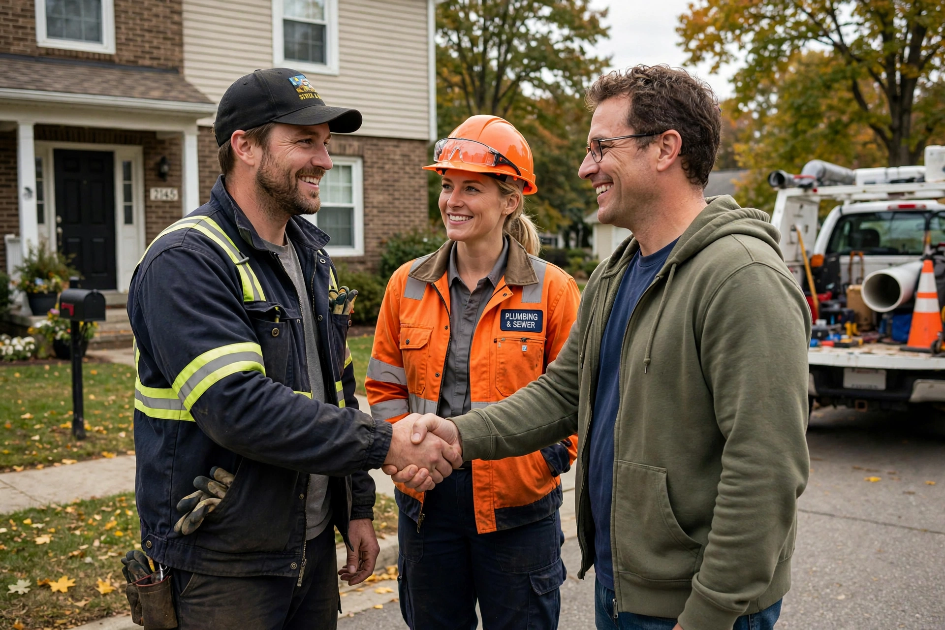 Two sewer repair technicians shaking hands with a satisfied homeowner after completing work