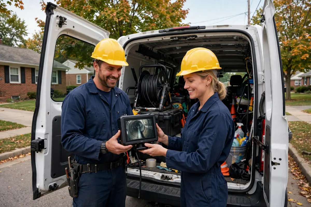 Two Ohio Sewer Masters technicians with a sewer camera monitor and service van on an Ohio residential job site