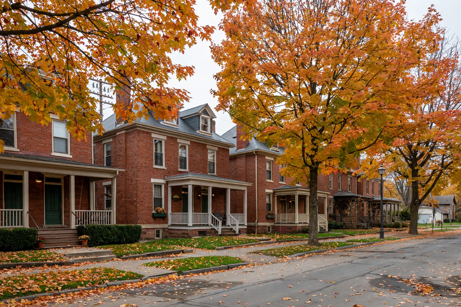 Early-1900s brick duplexes in Goodyear Heights, Akron, built for Goodyear rubber workers