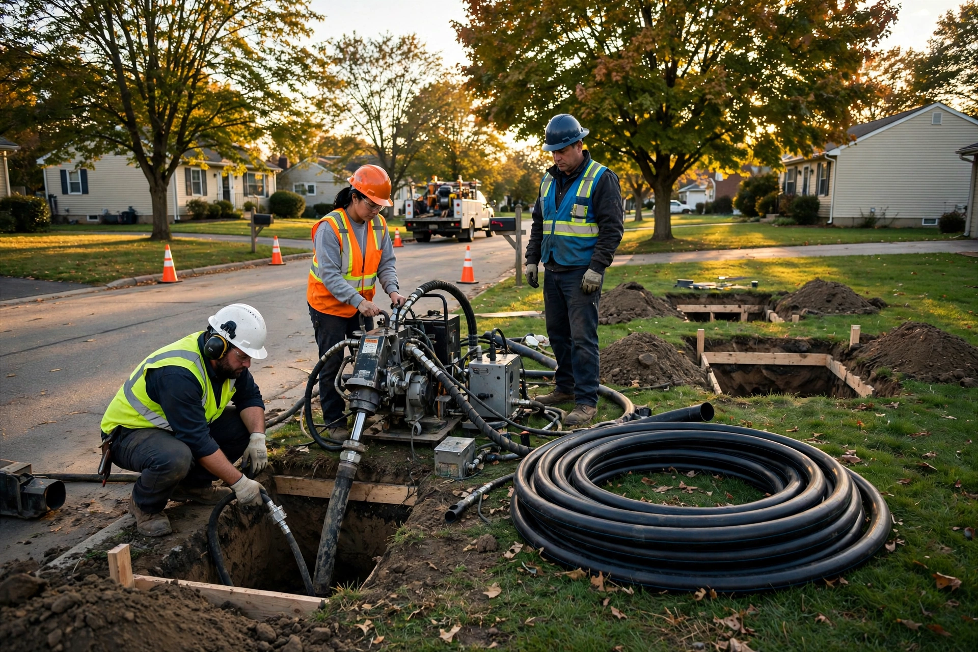 Trenchless sewer repair crew with pipe bursting equipment working on a residential street in a Greater Akron suburb