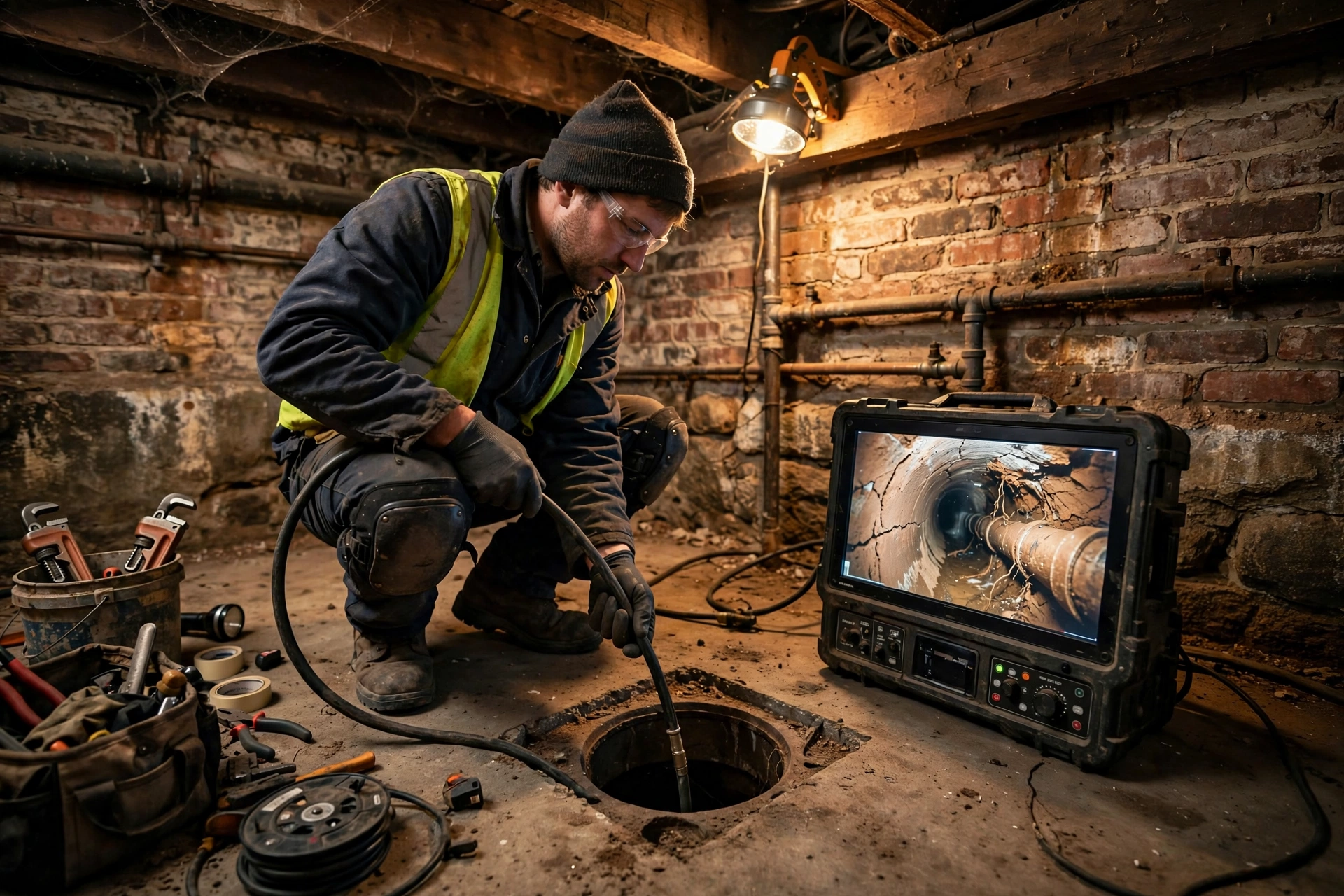 Sewer technician feeding a push camera into a floor cleanout in the basement of an early-1900s brick home in Akron, Ohio, with a monitor showing the inside of a clay sewer pipe