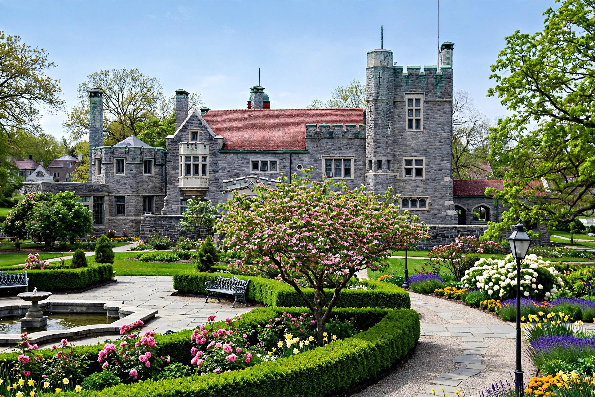Historic stone castle-like building with turrets surrounded by gardens in Alliance, Ohio