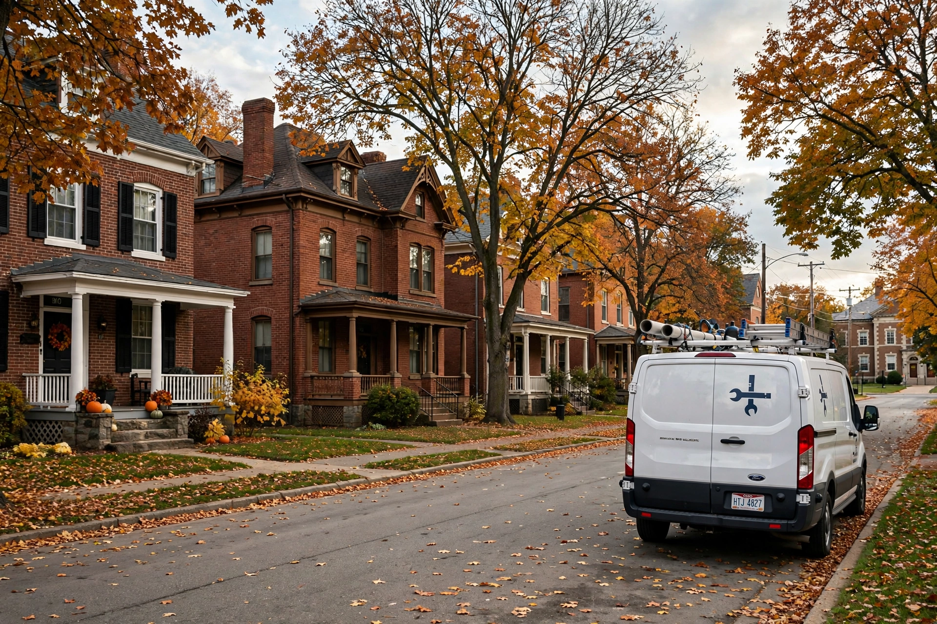 Historic brick homes and mature trees on a university town street in Alliance, Ohio with a sewer service van at the curb