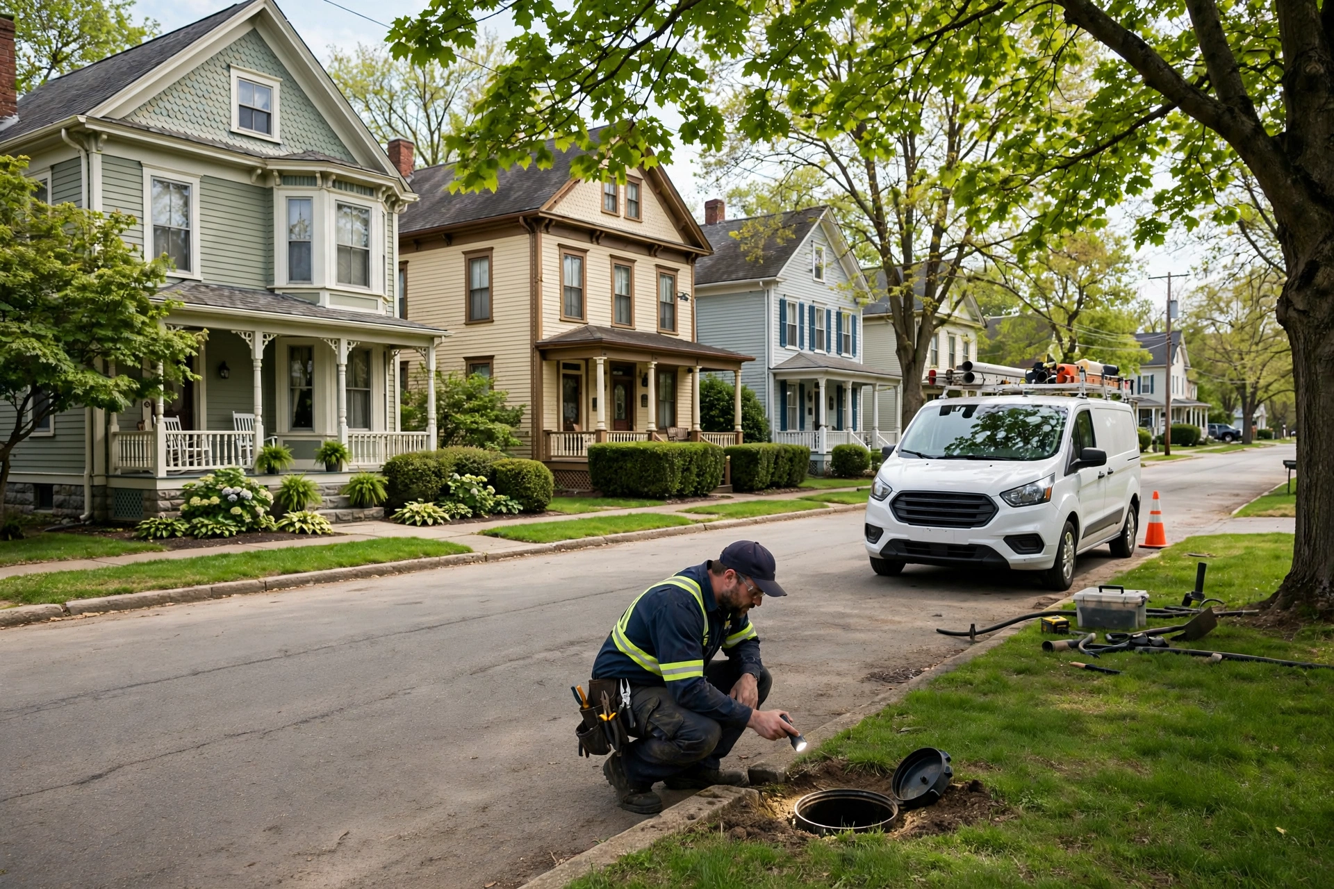 Well-kept early-1900s homes on a small-town residential street in Ashland, Ohio with a sewer repair van parked