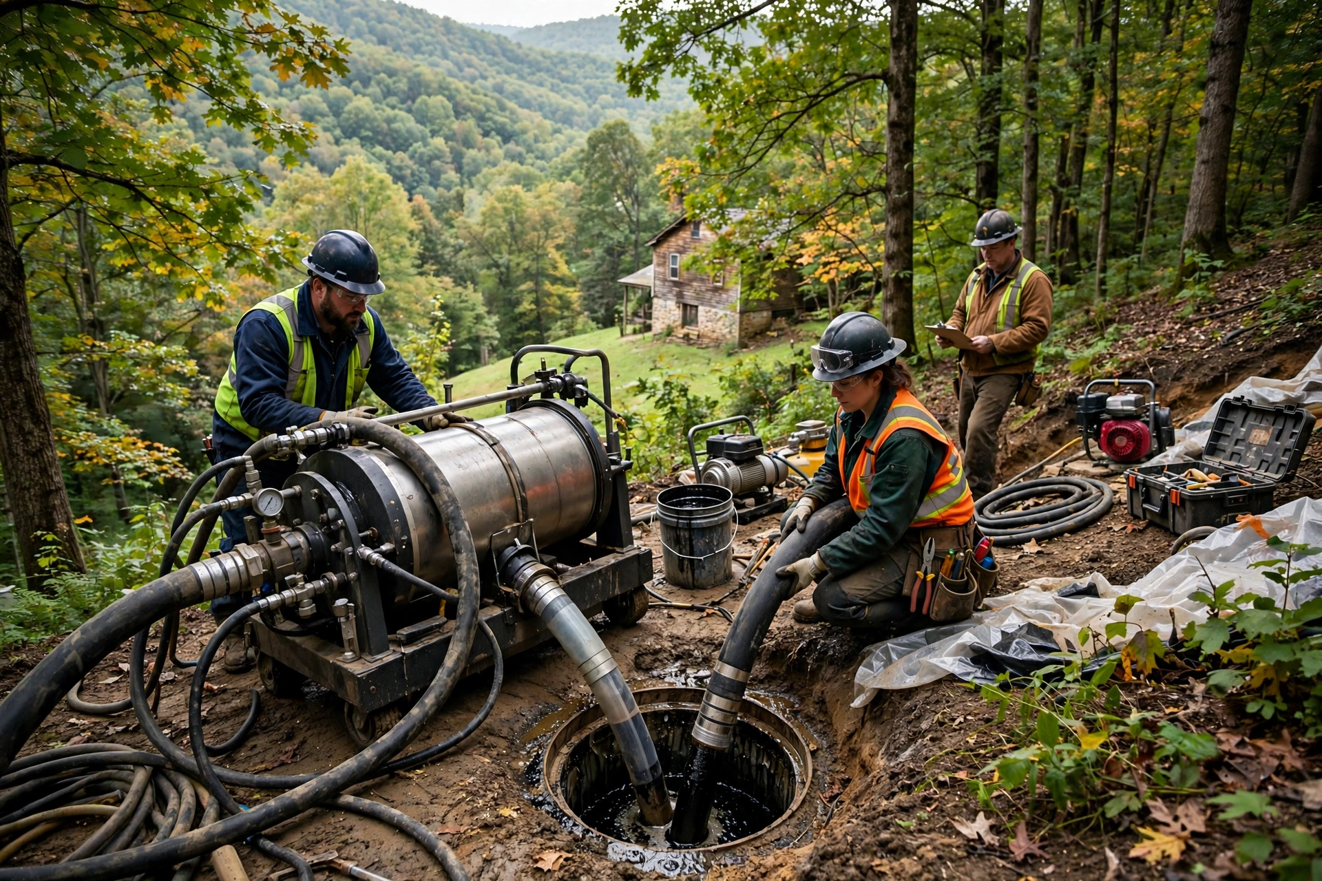 Trenchless pipe lining crew working in a sloped wooded backyard in Athens Ohio with resin liner equipment on a green hillside