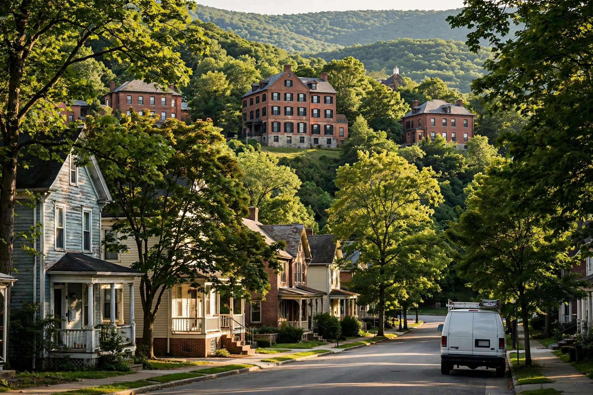 Athens Ohio college town with historic brick university buildings on a wooded hill above a tree-lined residential street, sewer service van on the street