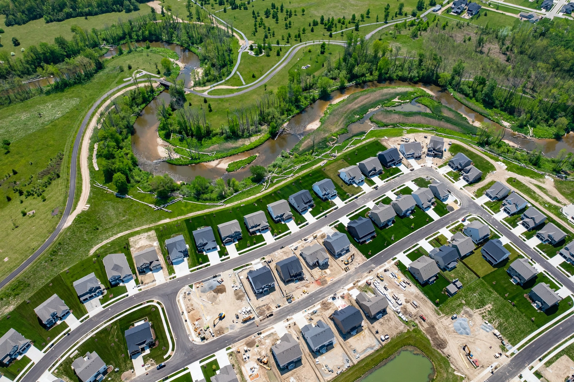French Creek district with new homes and green space in Avon, Ohio