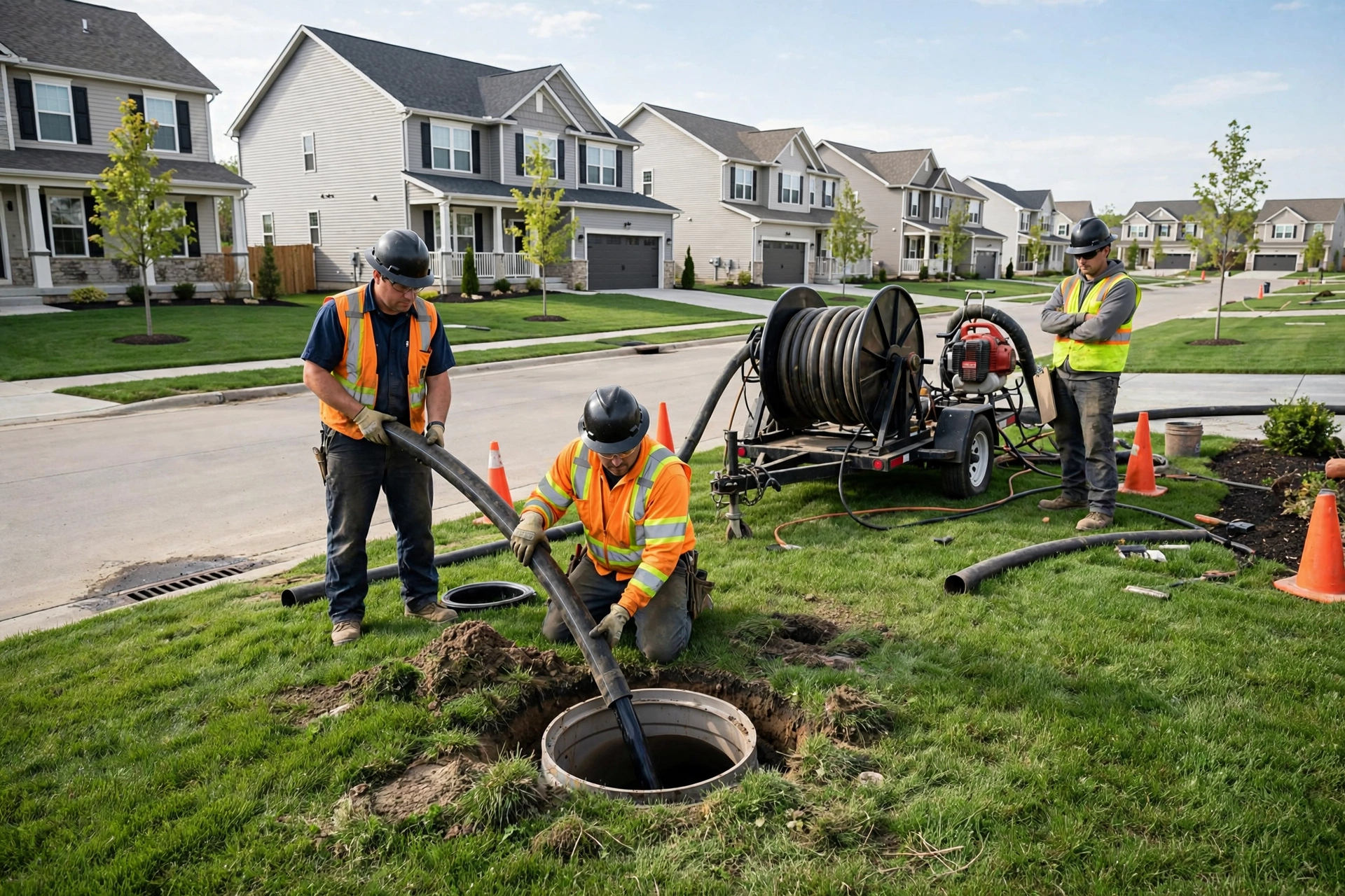 Trenchless pipe lining setup in a newer Avon, Ohio subdivision with a work crew at a ground cleanout