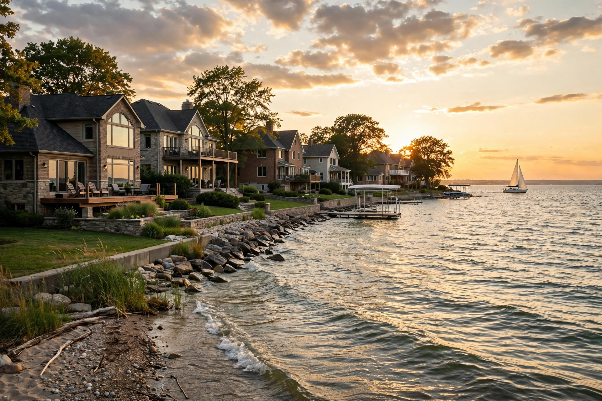Lakefront homes along Lake Erie with a sailboat on the water in Avon Lake, Ohio