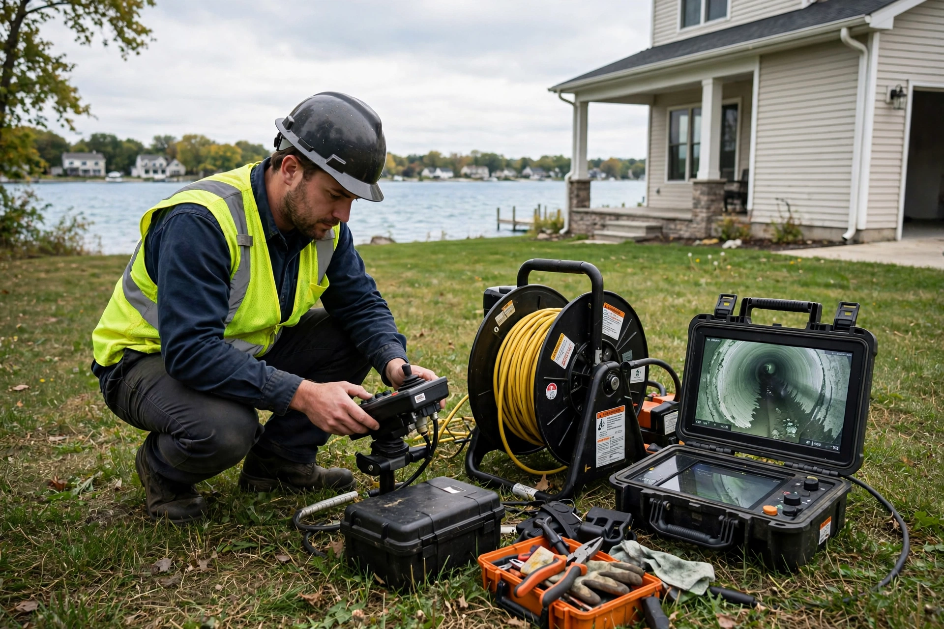 Sewer repair technician running a camera inspection at a lakefront home in Avon Lake, Ohio, with Lake Erie beyond the house