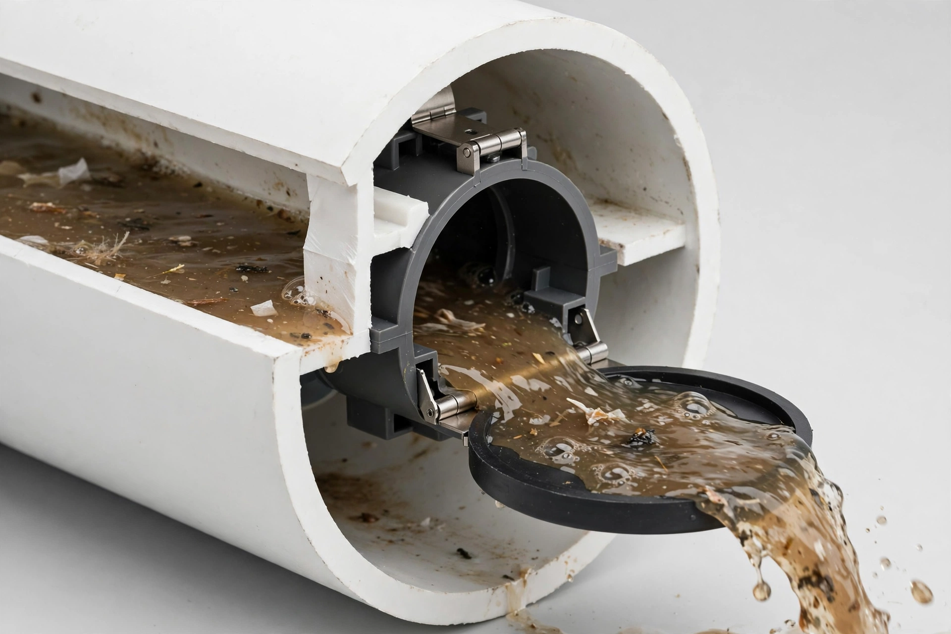 Close-up cutaway view of a backwater valve flapper gate in the open position inside a white PVC sewer pipe