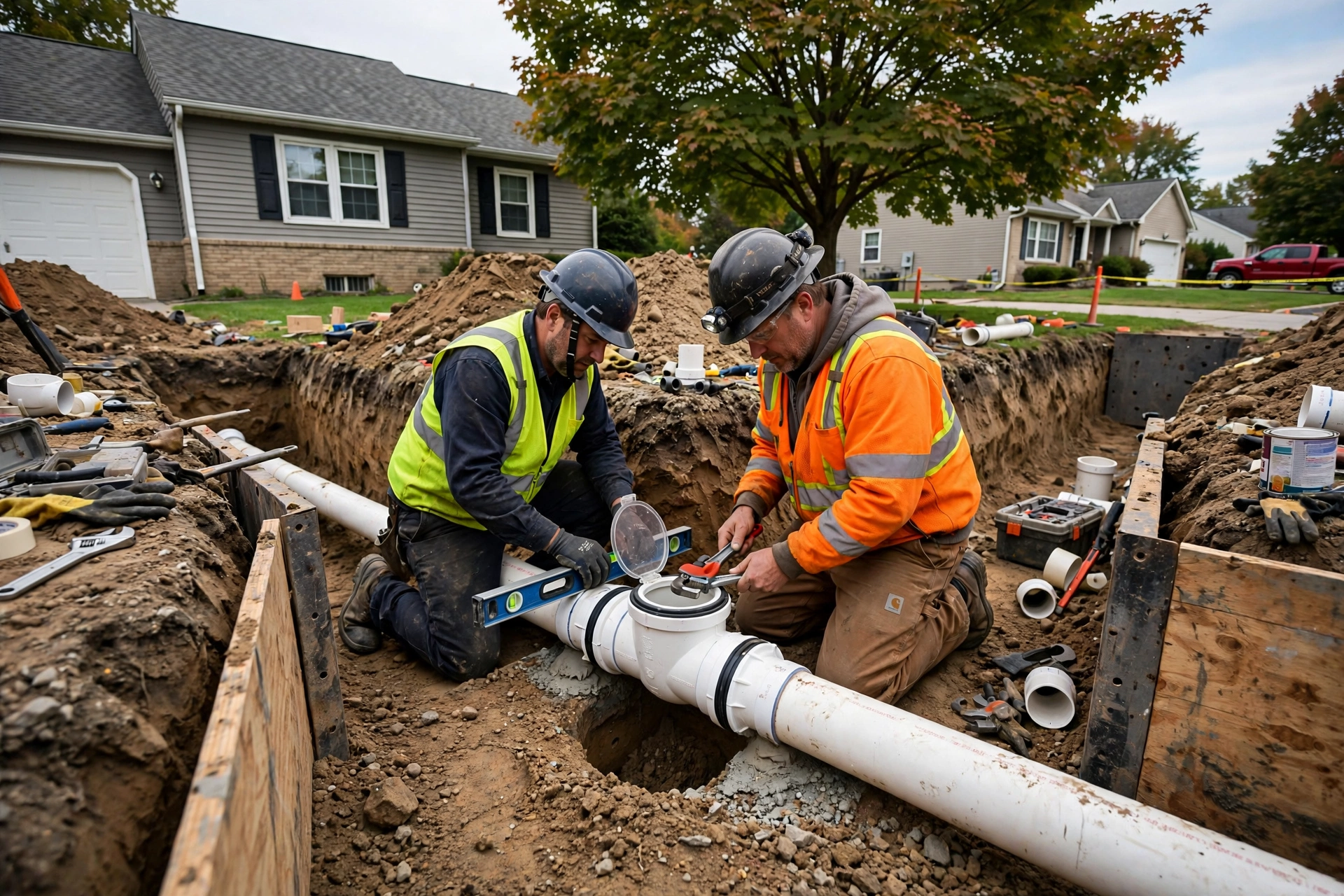Plumbers installing a backwater valve on a sewer lateral in an excavated trench beside an Ohio suburban home