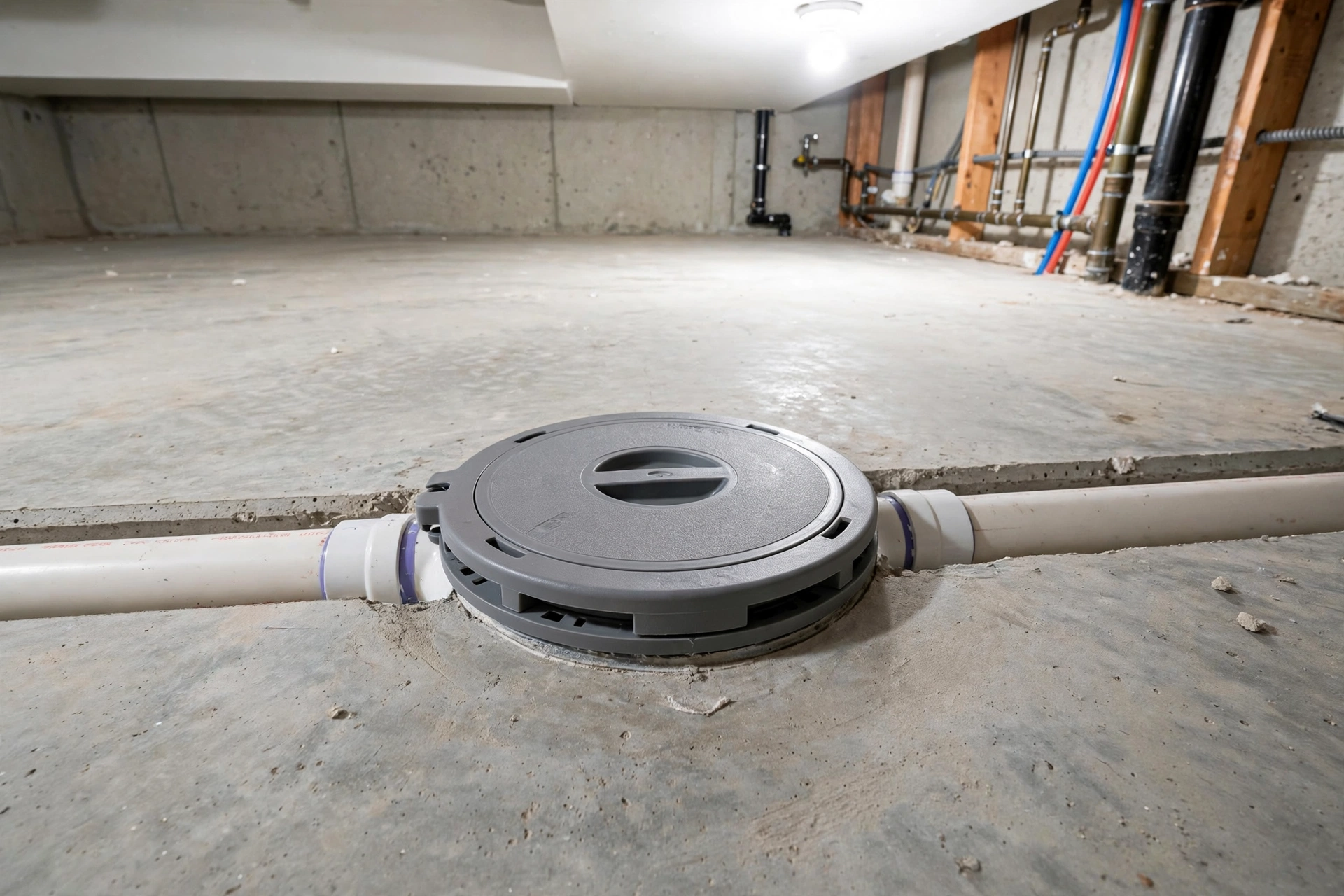 Newly installed backwater valve with round access cover set in a residential basement concrete floor, connected to white PVC sewer pipe