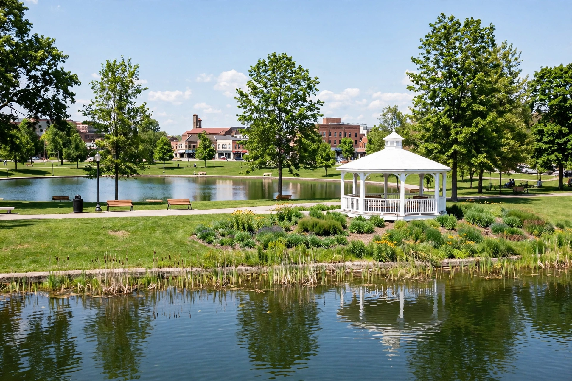 Lake Anna Park in Barberton, Ohio, with the gazebo on the glacial kettle lake at the center of the Magic City