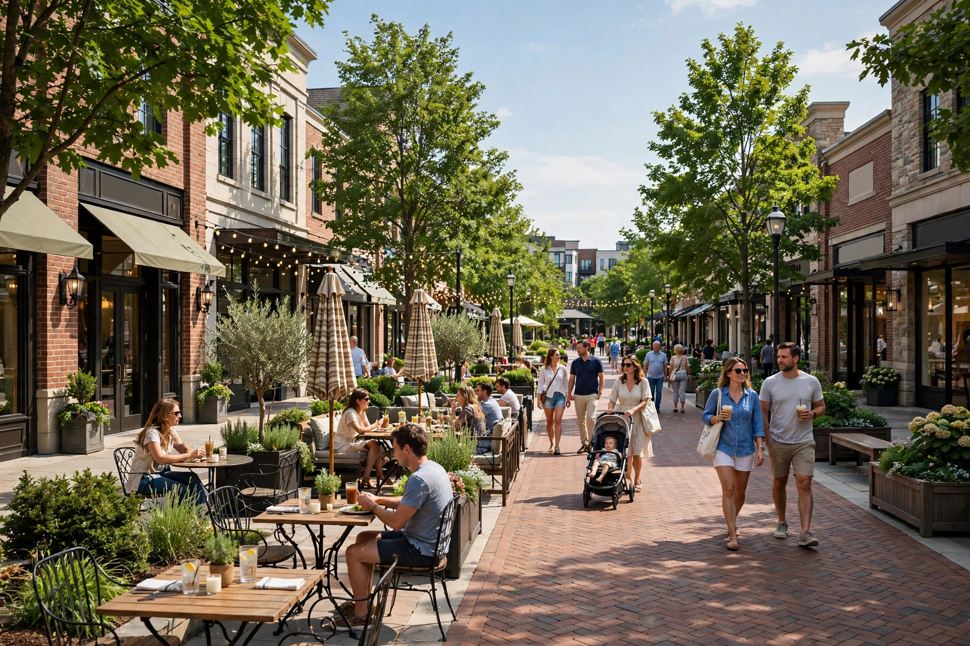 Upscale open-air shopping center streetscape with brick sidewalks, storefronts, and shoppers in Beavercreek