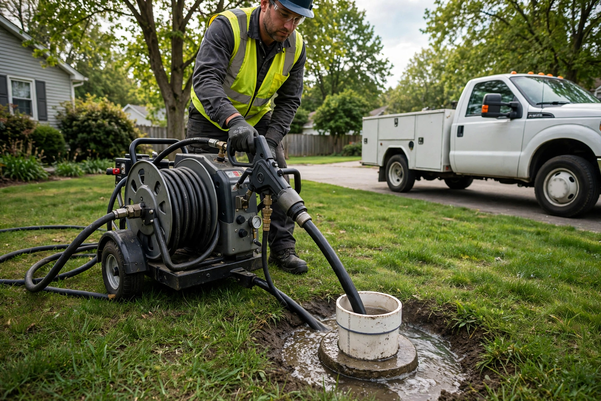 Technician operating high-pressure hydro jetting equipment at a residential sewer cleanout