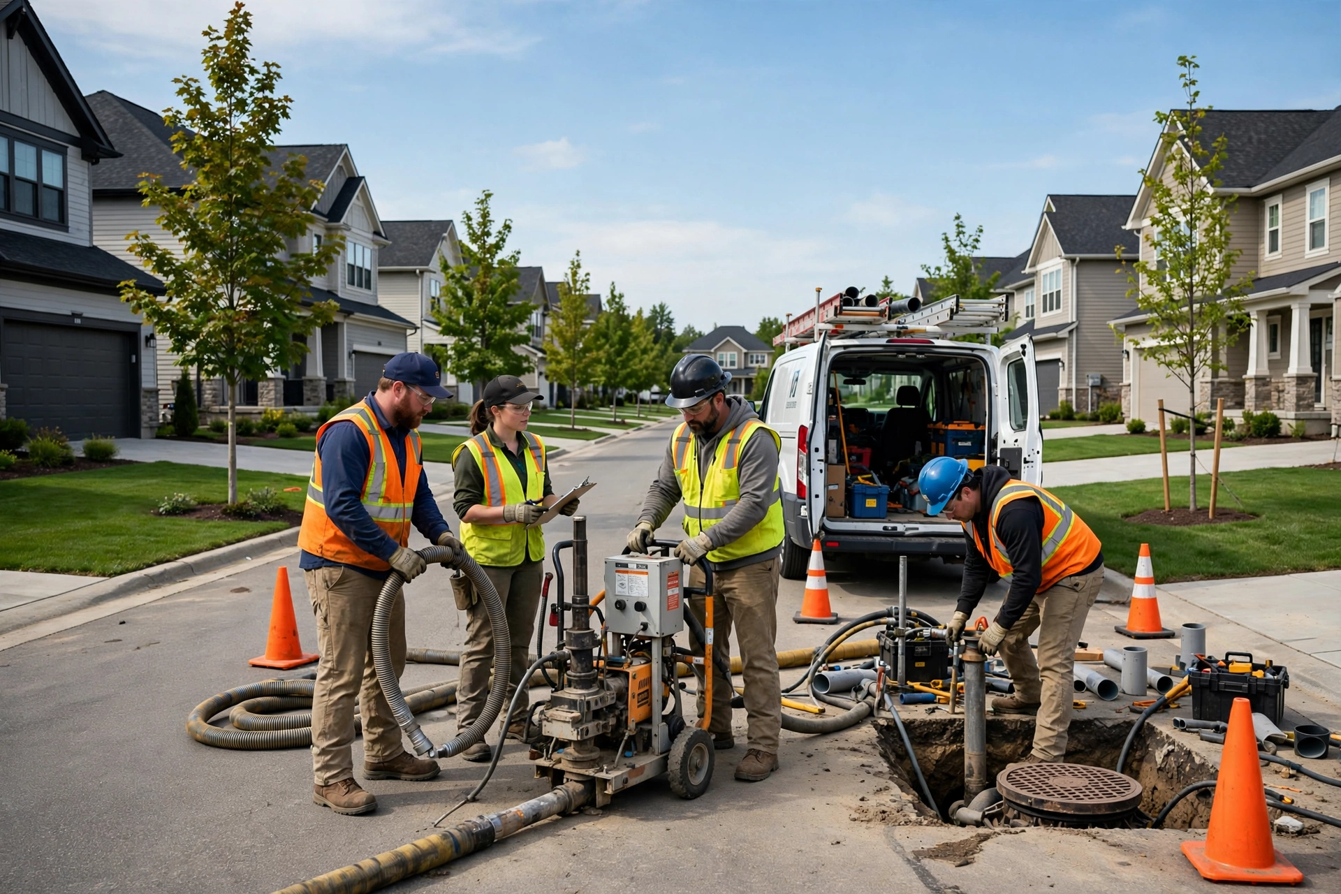 Trenchless sewer repair crew with service van working on a suburban street of modern homes in Beavercreek