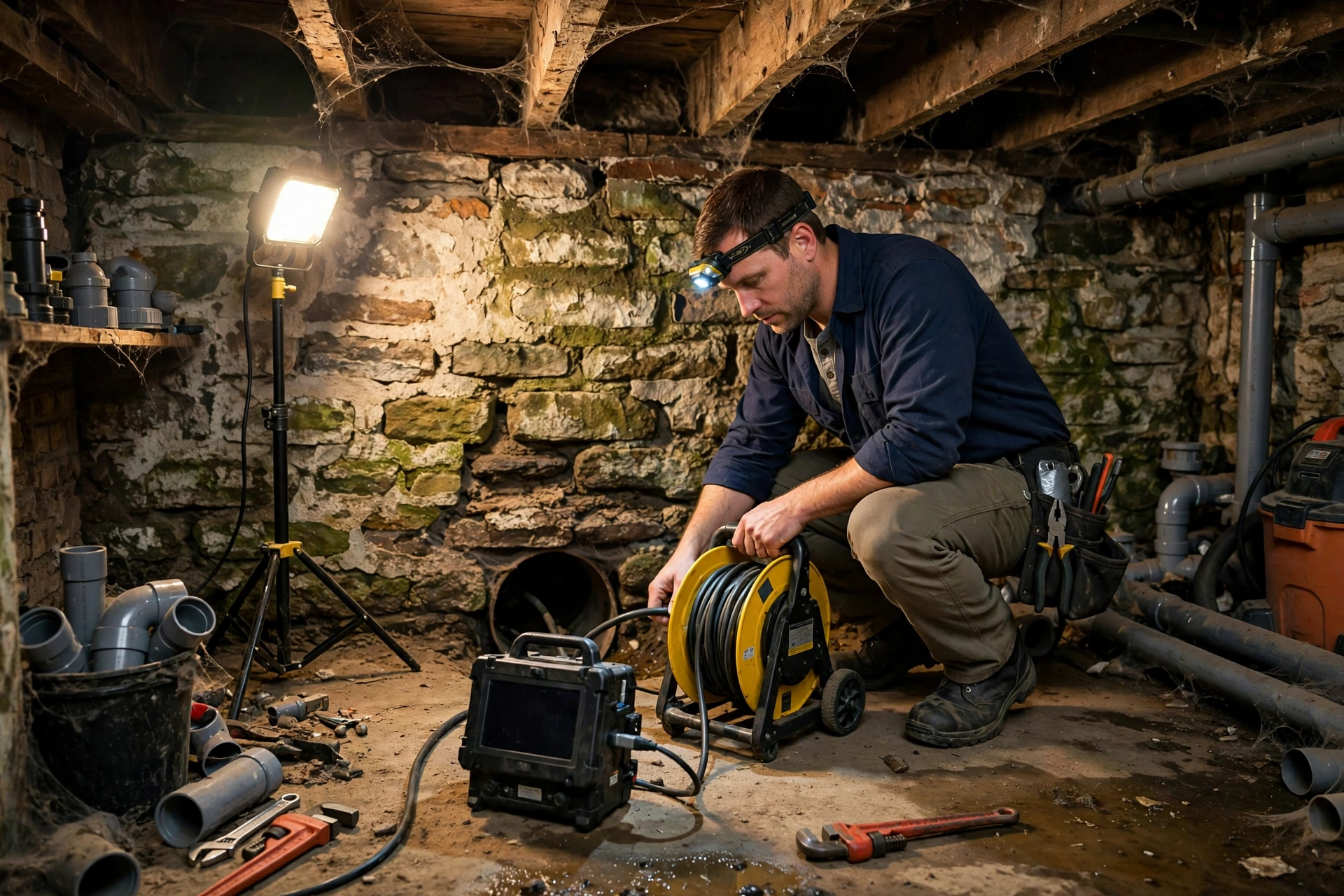 Plumbing technician with sewer camera equipment in the basement of a historic home near Baldwin Wallace University in Berea, Ohio