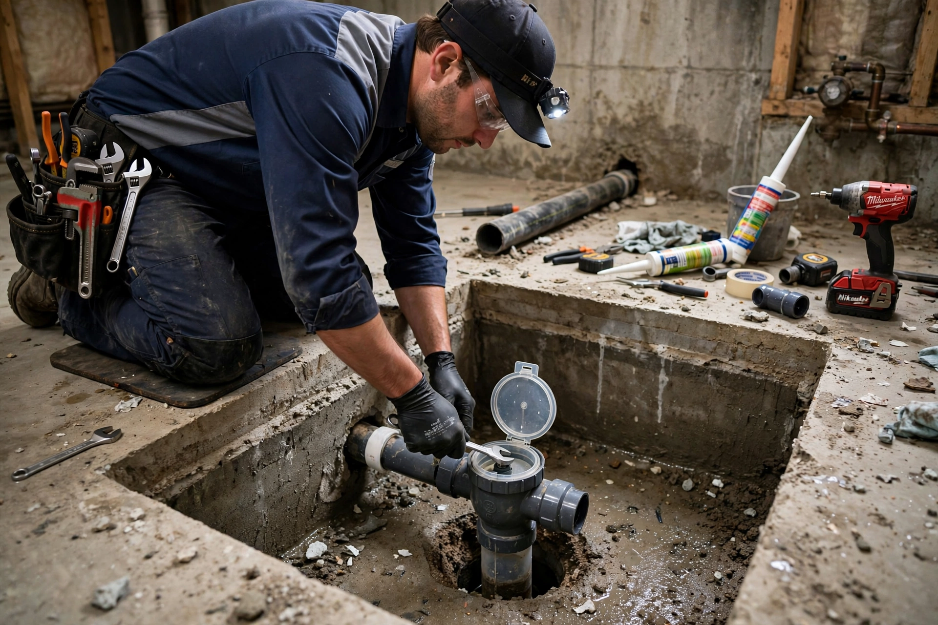 Plumber installing a backwater valve in a basement floor drain pit in Ohio