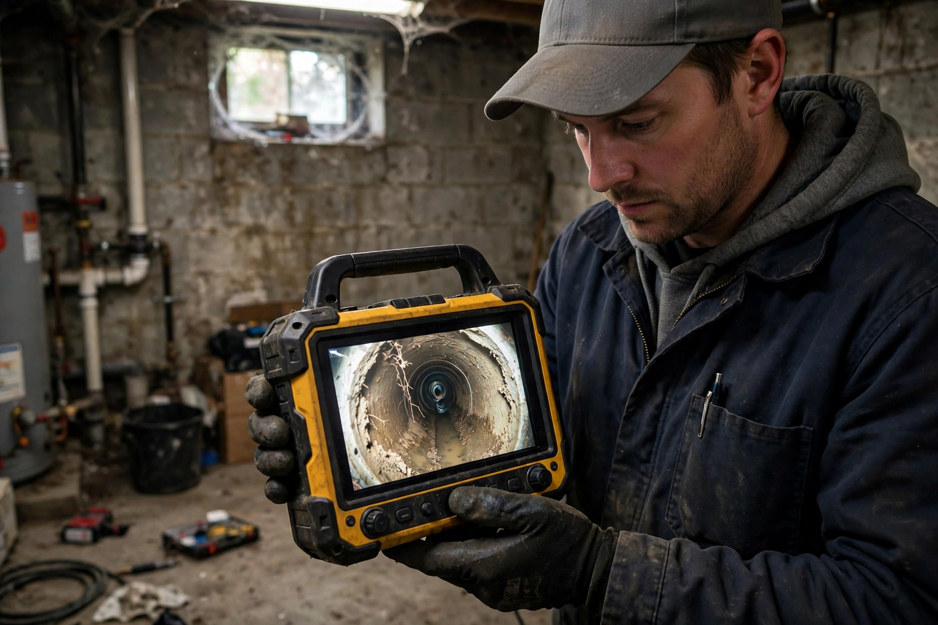 Sewer camera inspection monitor showing the inside of a residential drain pipe in an Ohio basement