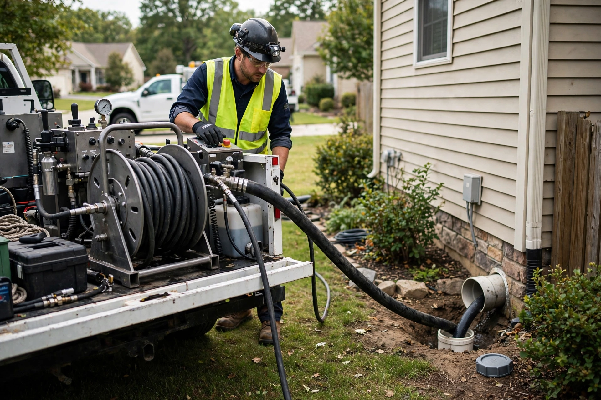 Professional hydro jetting equipment cleaning a sewer line, the safe alternative to chemical drain cleaners