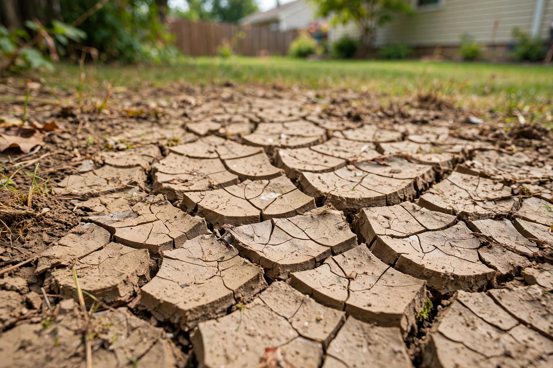 Cracked dry clay soil with deep fissures in an Ohio summer backyard, showing the shrink side of the soil cycle