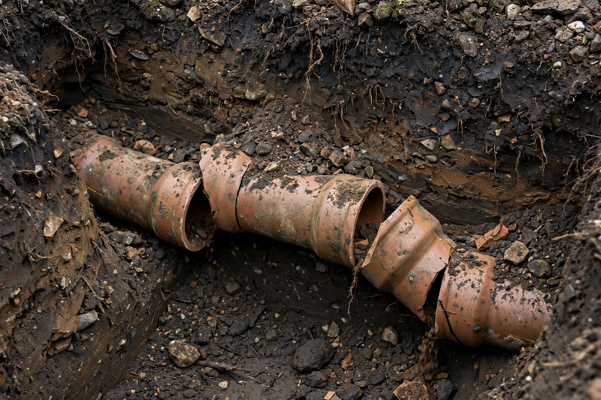 Shifted and misaligned clay tile sewer pipe joints exposed in a dug trench, damaged by years of soil movement