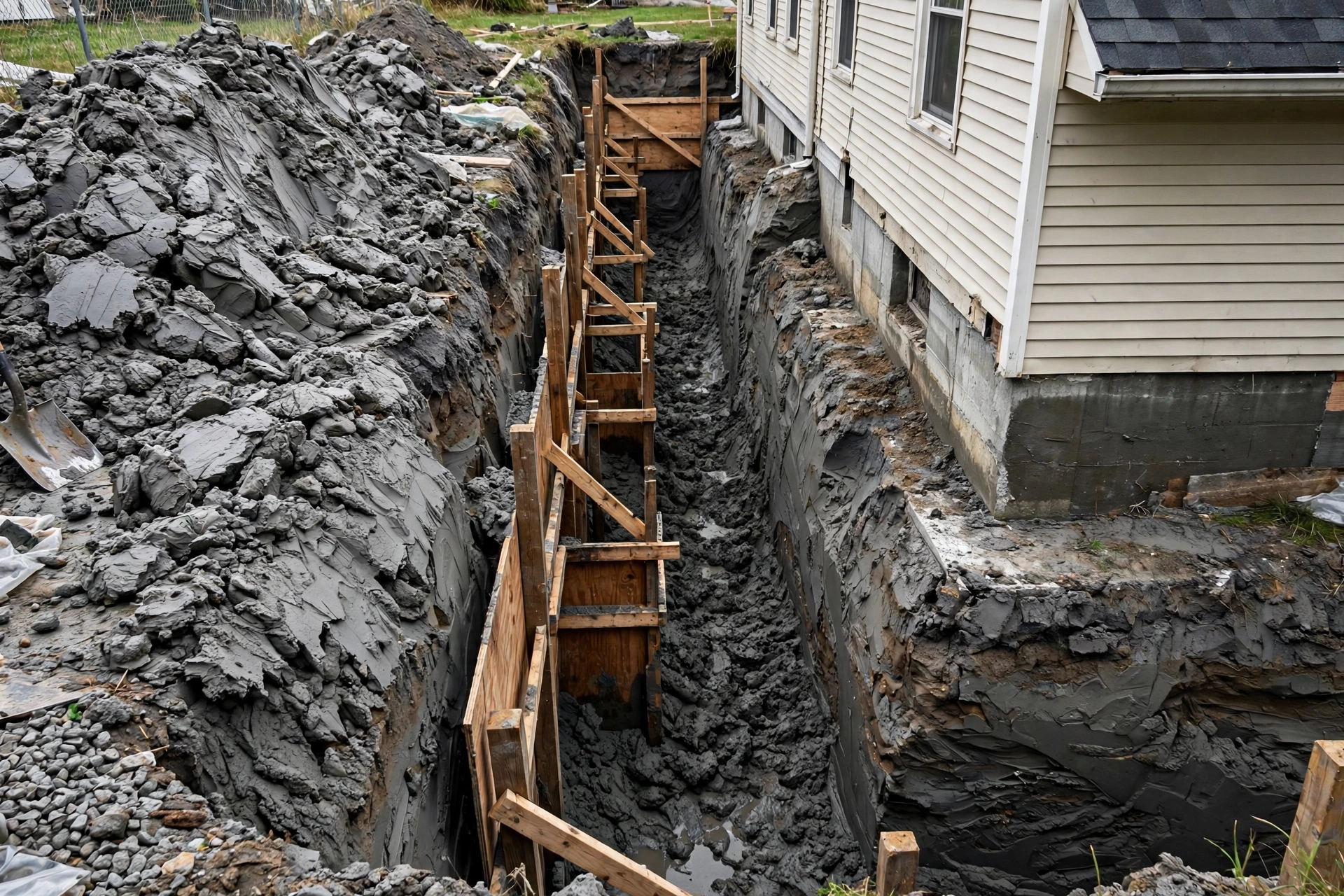 A deep excavation trench cut through dense gray clay soil next to a house foundation during a sewer line replacement