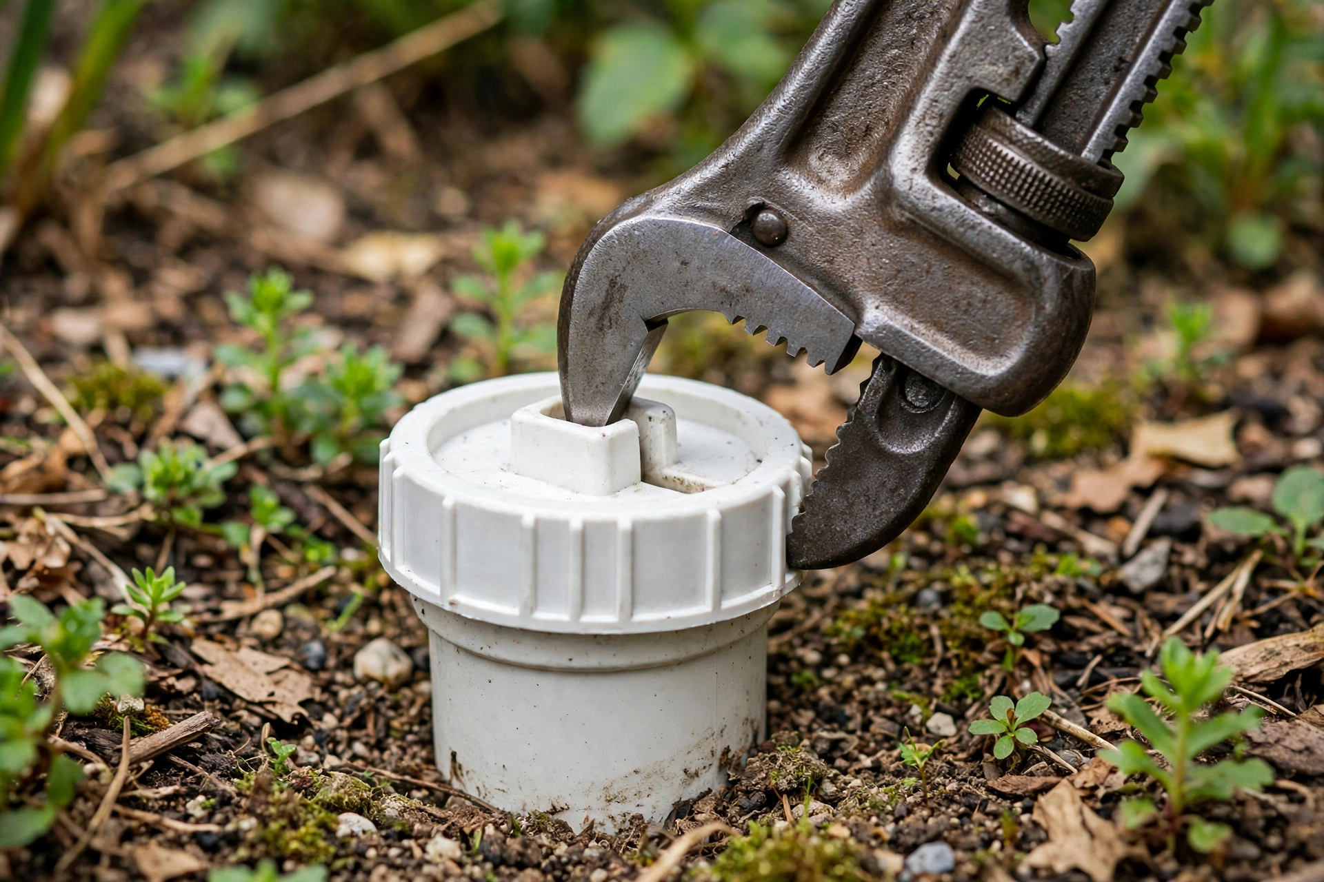 Close-up of a plumber's wrench loosening a round cleanout cap on a white PVC pipe at ground level