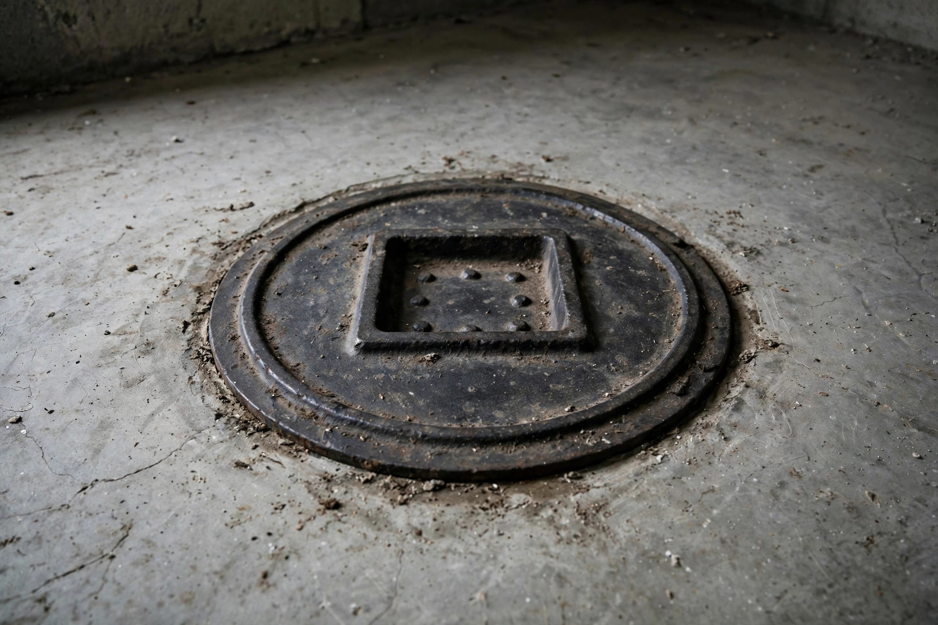 A round cast iron cleanout access plate set into a concrete basement floor, common in older Ohio homes