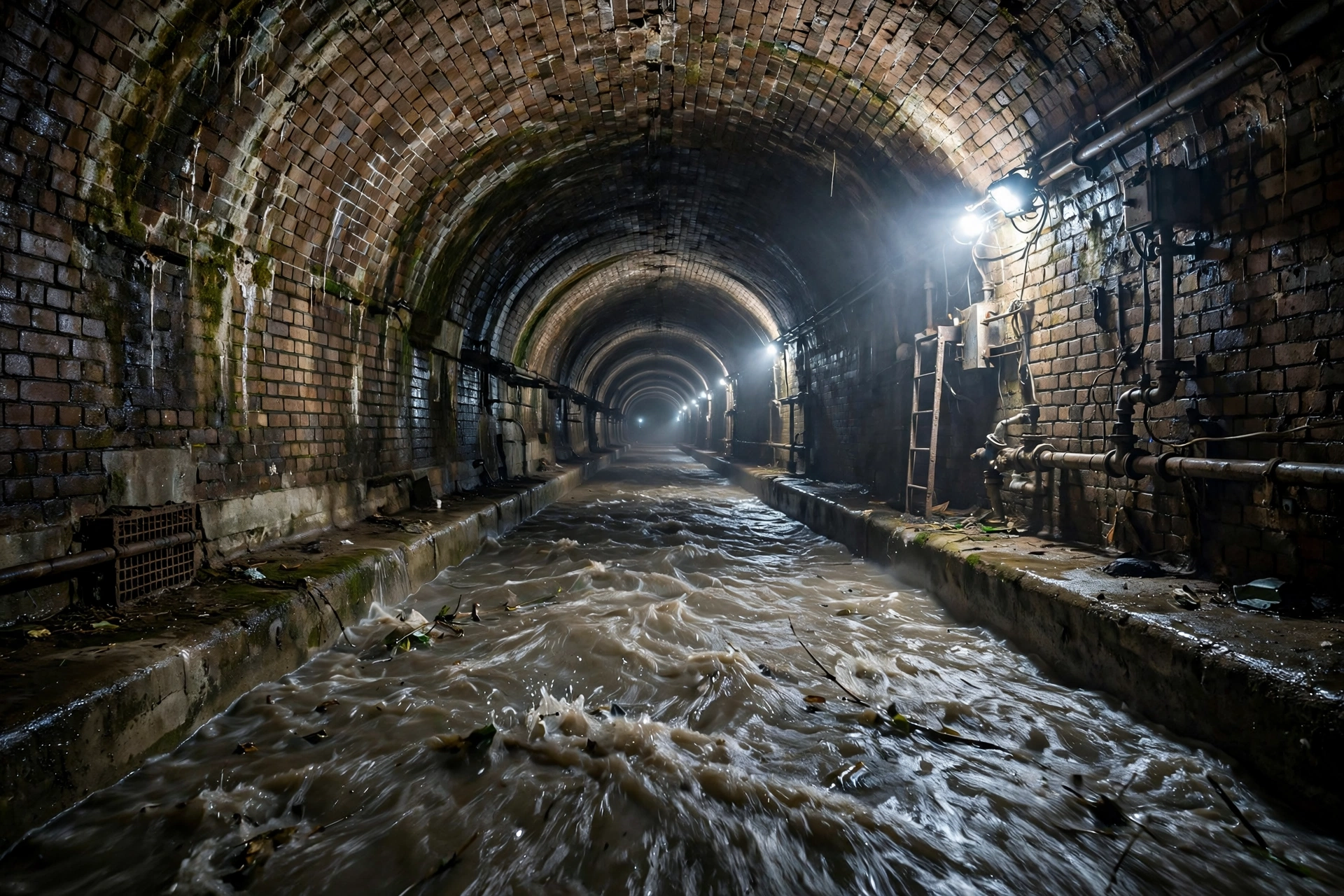 Inside a large underground combined sewer tunnel with water flowing through it