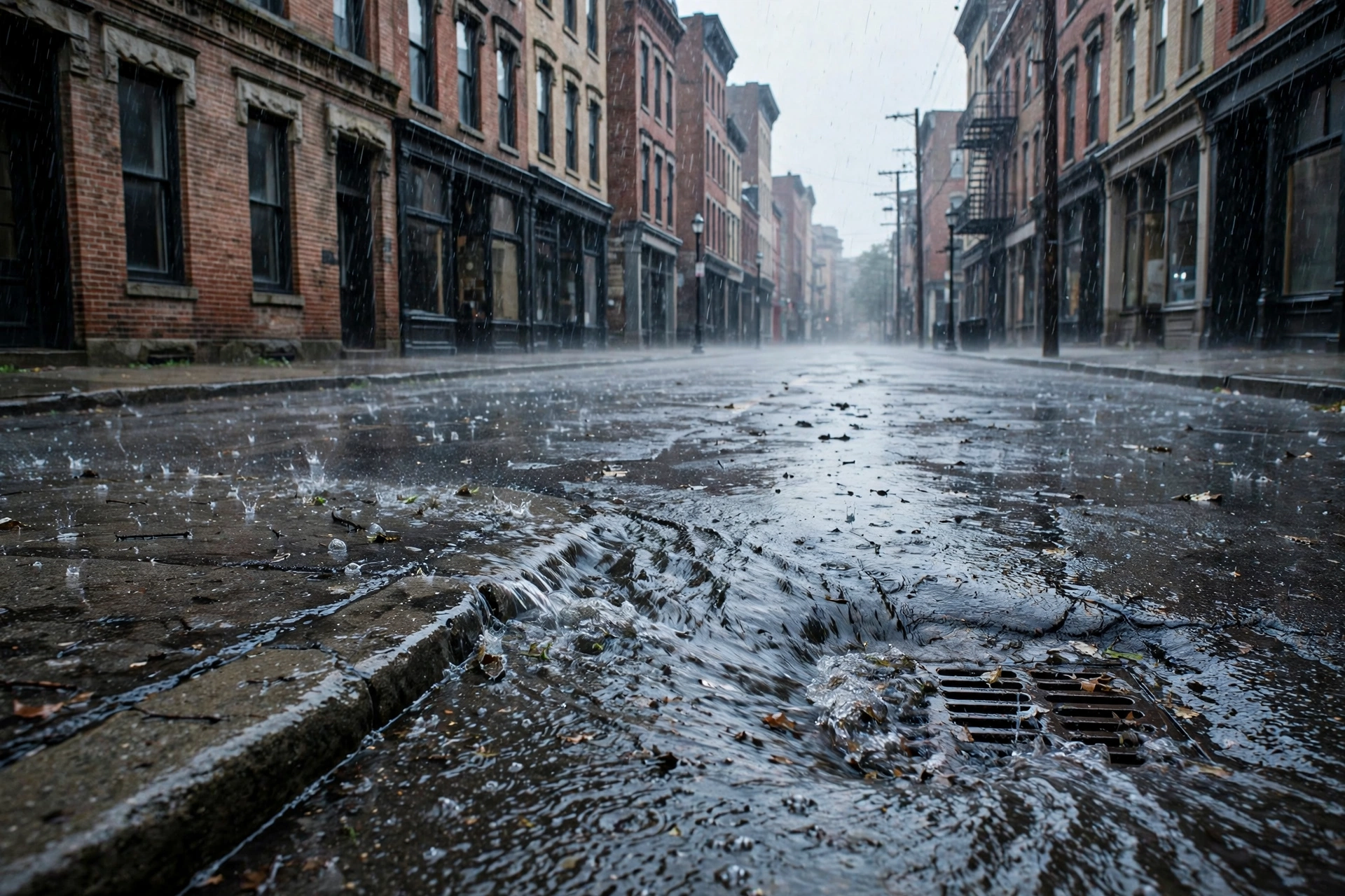 Heavy rain on an older Ohio city street with water pooling toward a storm drain