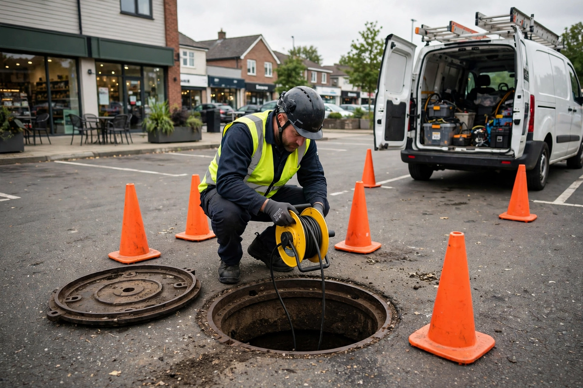 Sewer technician inspecting a commercial line through a manhole in a business parking lot