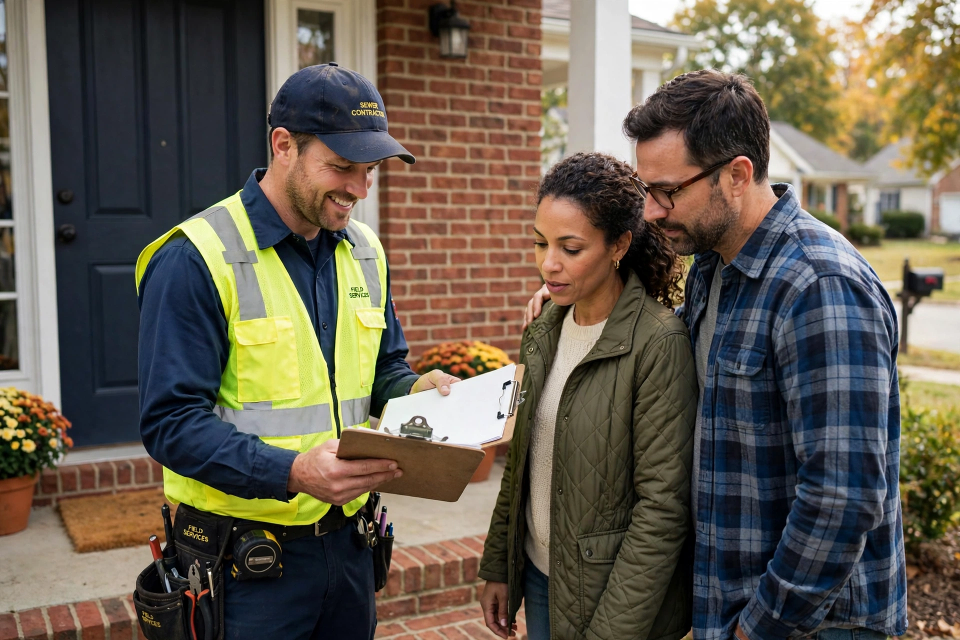 Sewer contractor reviewing a written repair estimate with homeowners on their front porch