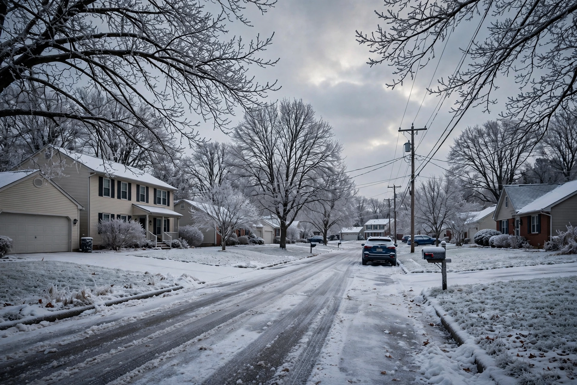 Snow-covered Ohio suburban street in winter with bare trees and frost on the ground