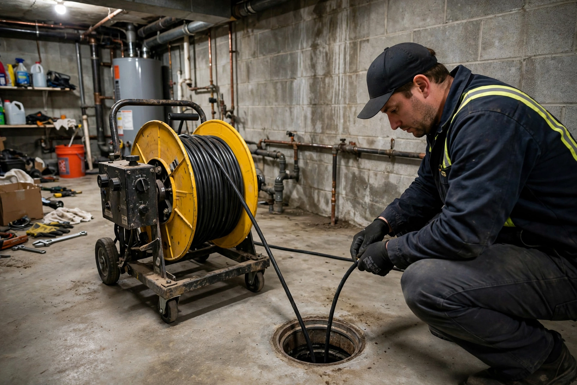 A technician requirementding a sewer camera cable into a basement floor drain during a routine maintenance inspection
