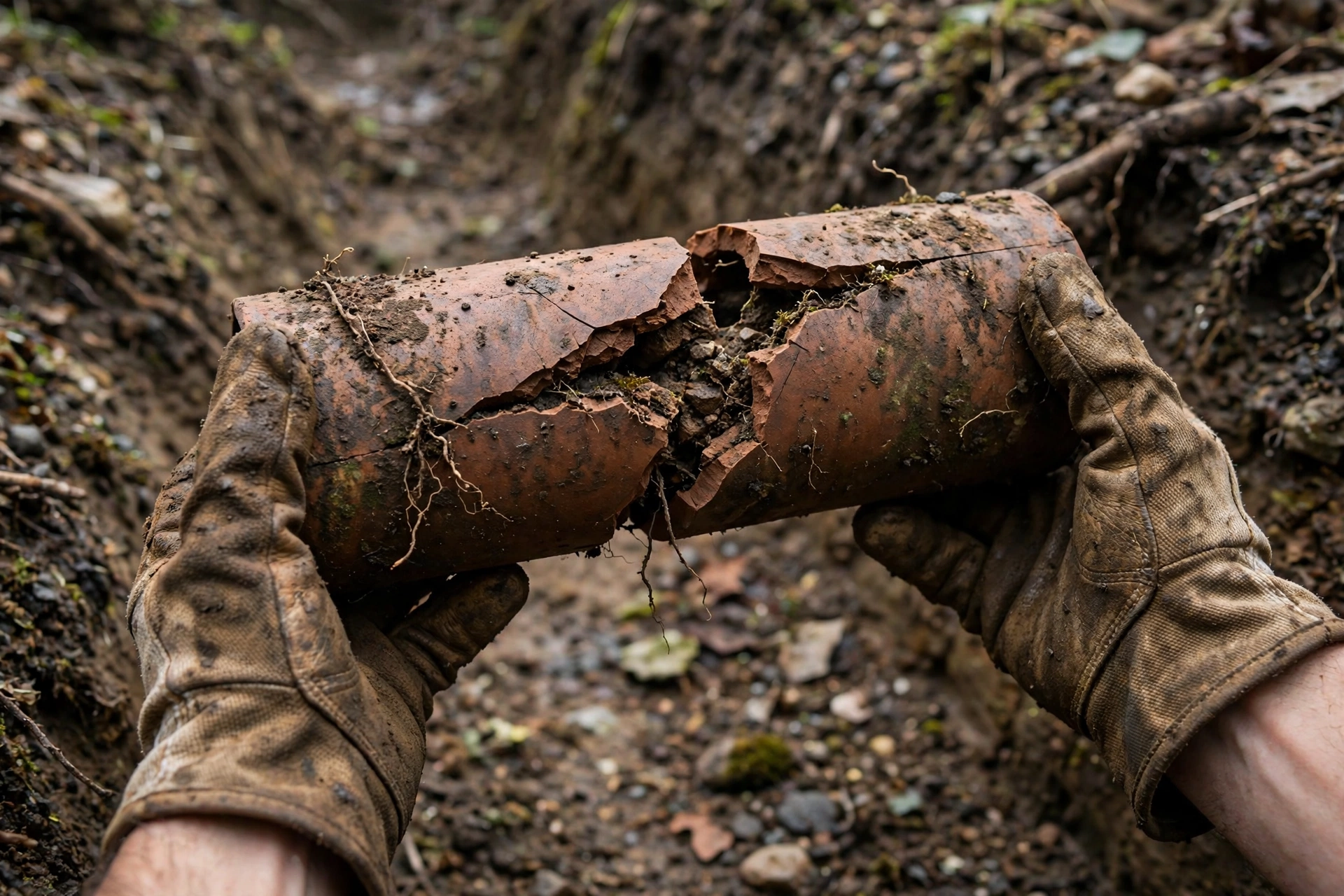 Gloved hands holding up a cracked clay sewer pipe section showing a visible fracture found during inspection