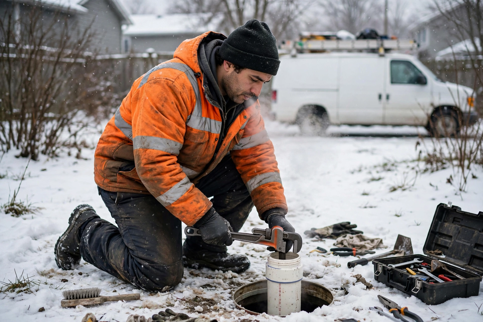 Sewer technician in winter gear kneeling at an outdoor cleanout pipe in a snowy Ohio yard