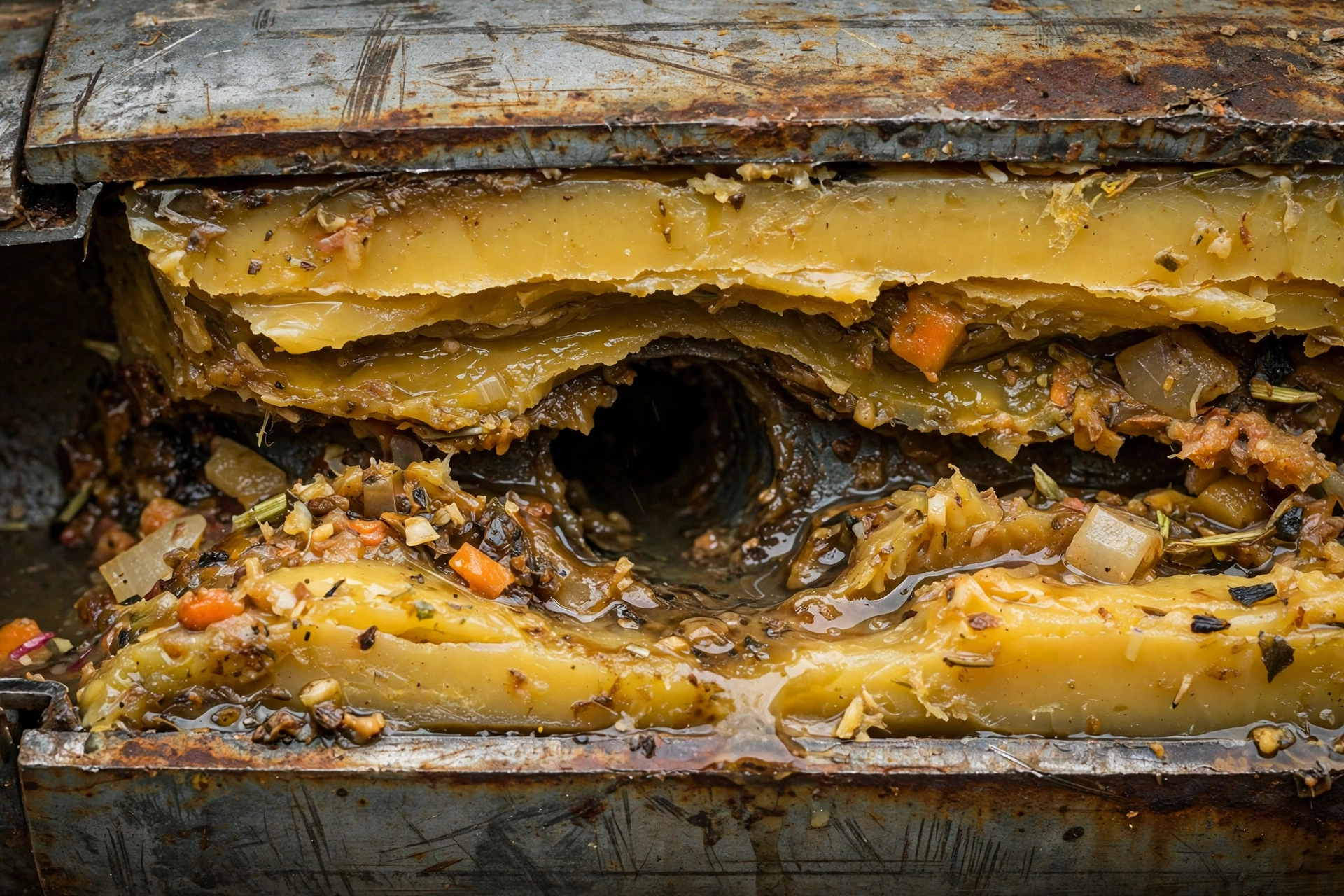 Inside of a restaurant drain pipe heavily coated with solidified grease, showing how FOG narrows the pipe over time