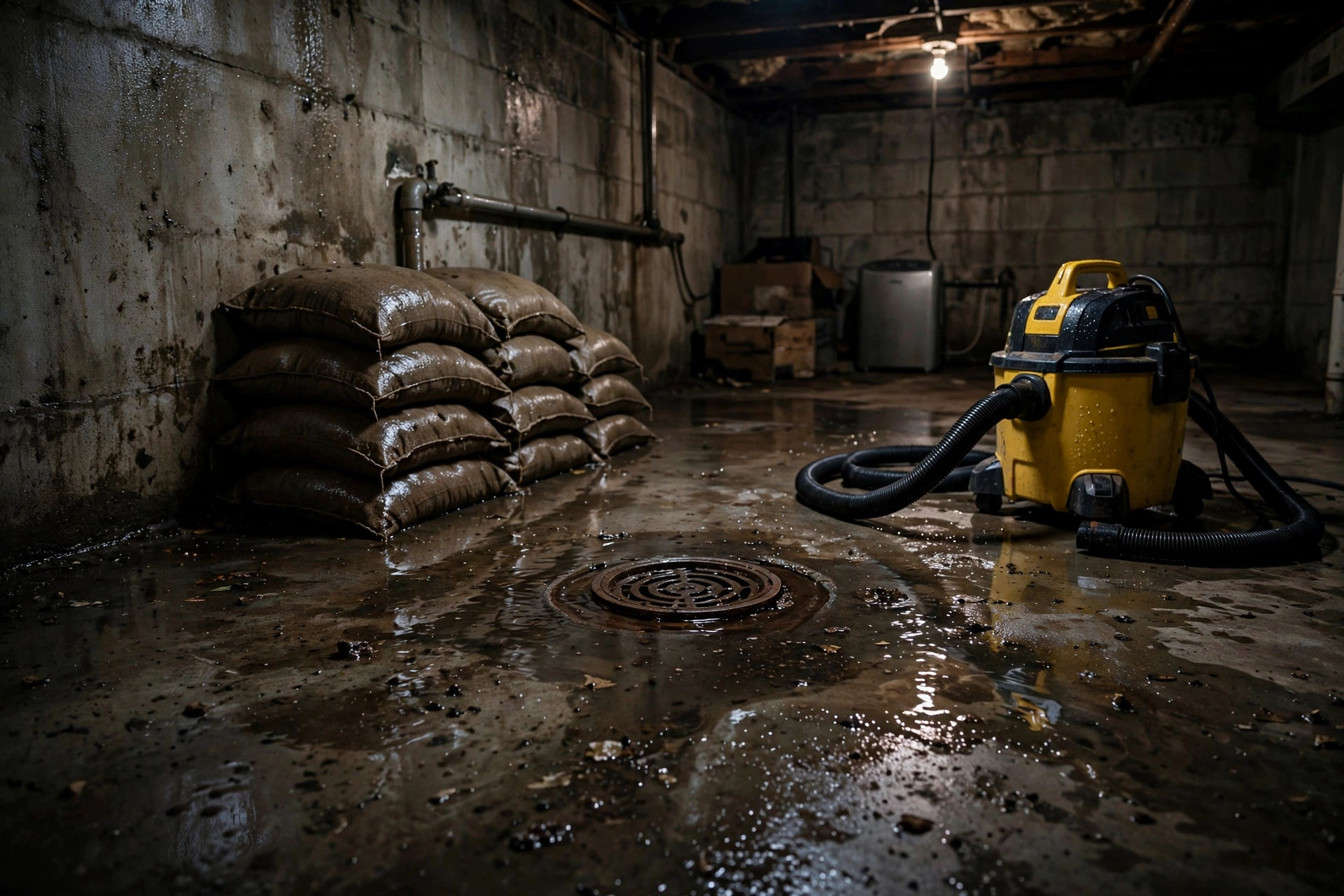 Water backing up around a basement floor drain in an Ohio home during a heavy rainstorm