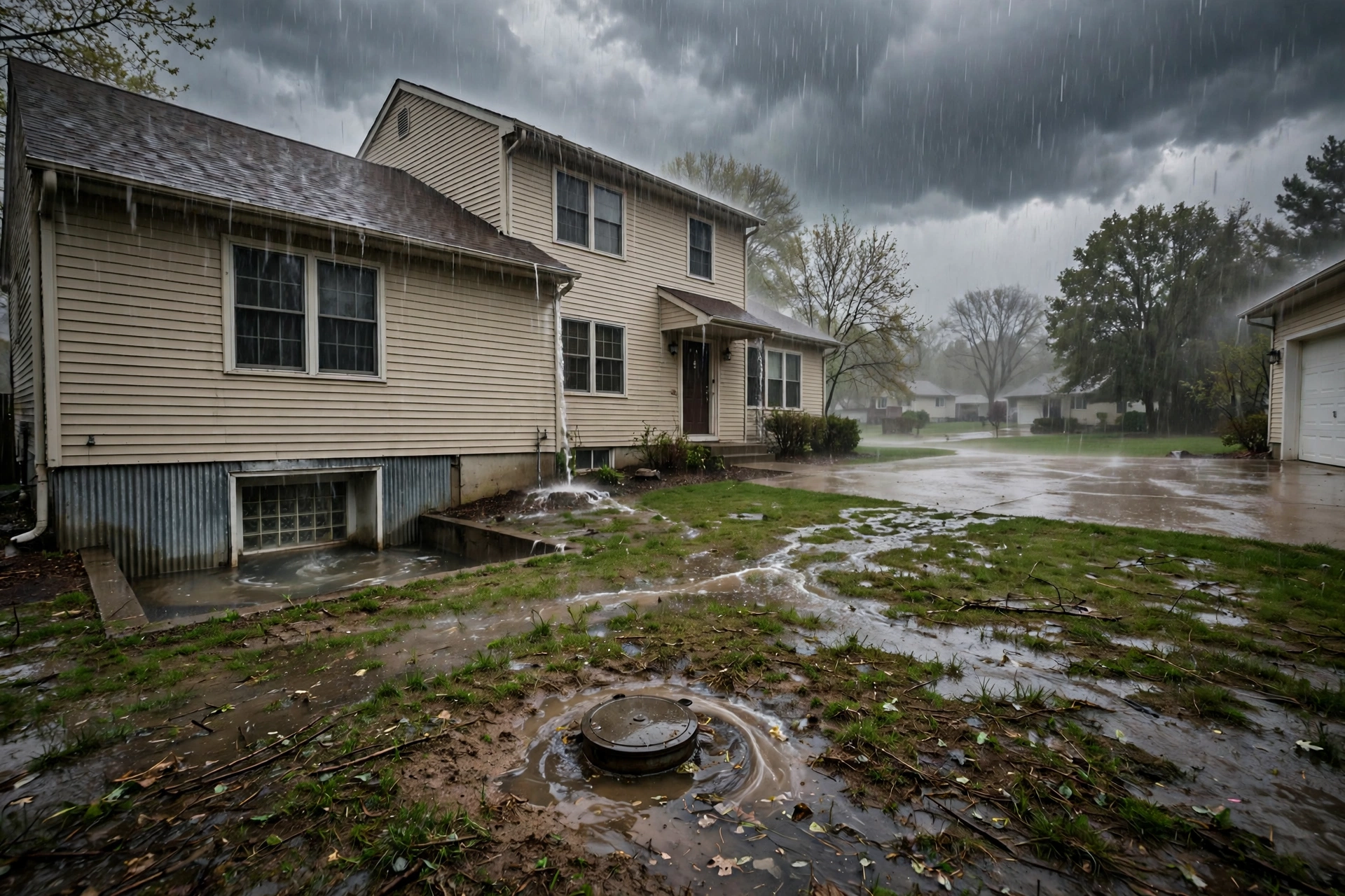 Heavy spring rainstorm over a suburban Ohio home with water pooling in the yard near a sewer cleanout
