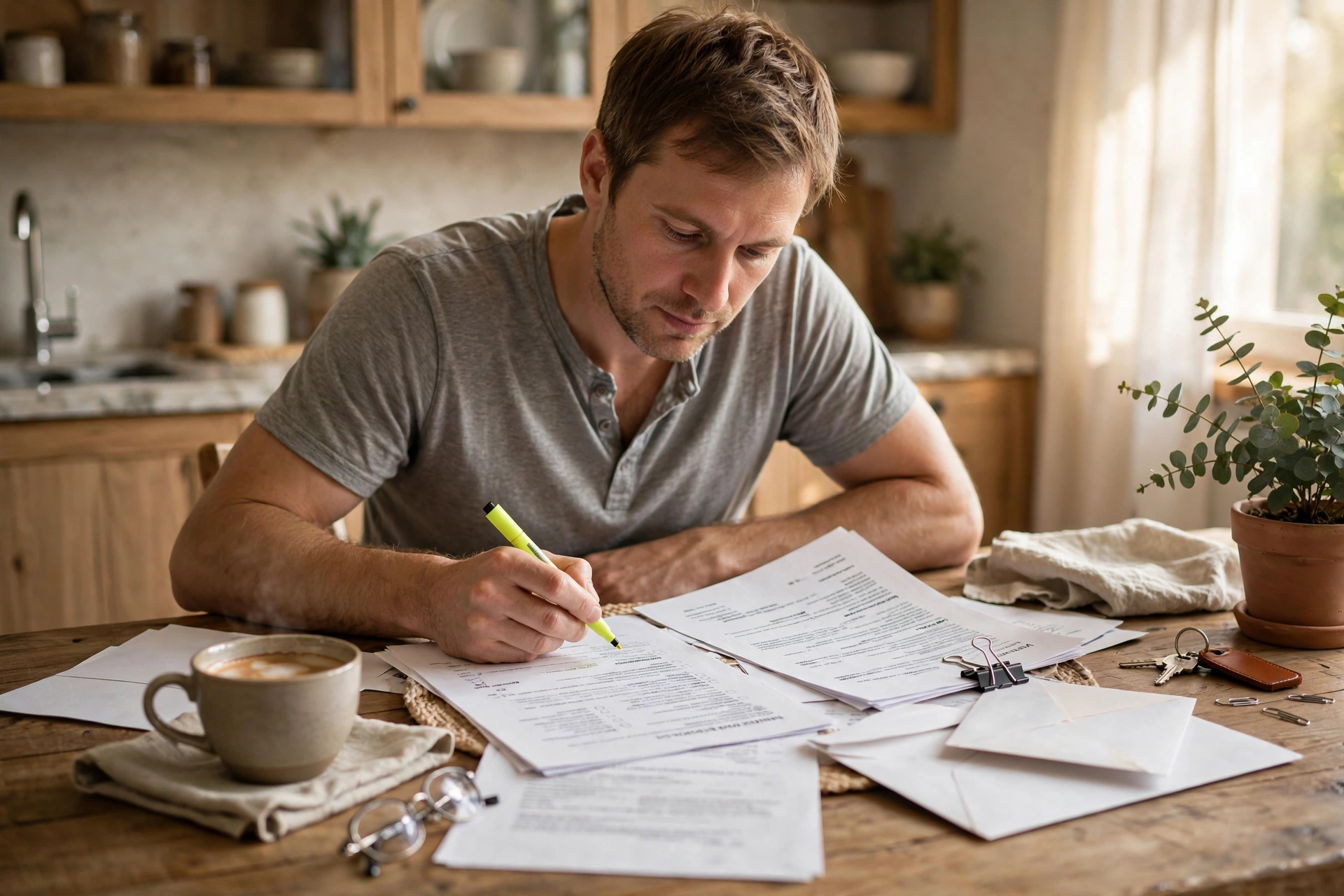 Ohio homeowner reviewing an insurance policy document at a kitchen table with papers and a highlighter