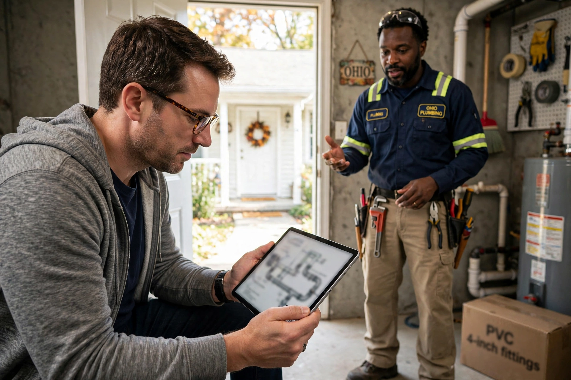 Ohio homeowner reading a sewer repair guide while a technician explains the work