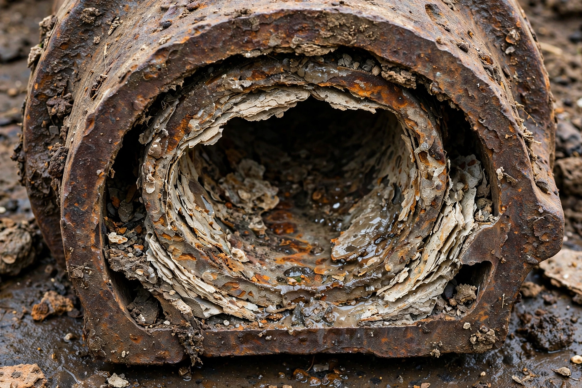 Cross-section of an old rusted cast iron sewer pipe showing heavy rust and scale buildup narrowing the interior