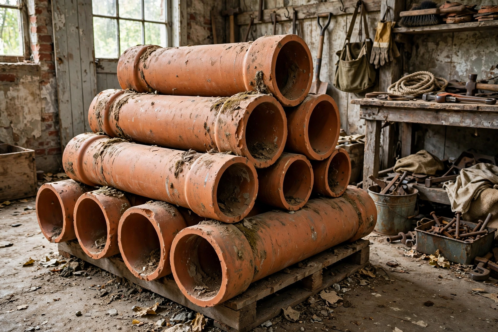 Sections of vintage orange clay tile sewer pipe stacked in a workshop, the material under most pre-1960 Ohio homes