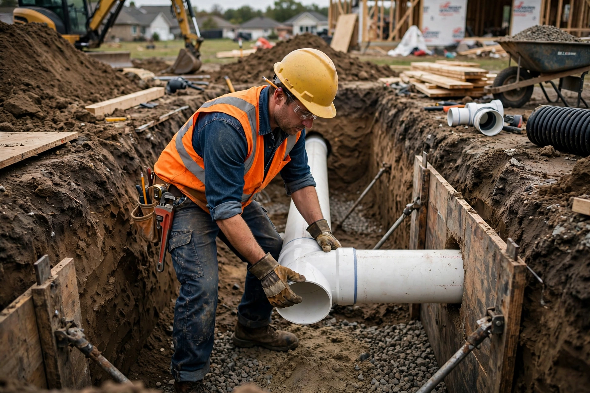 A plumber installing new white PVC sewer pipe in a deep trench, the modern replacement material that resists roots and corrosion