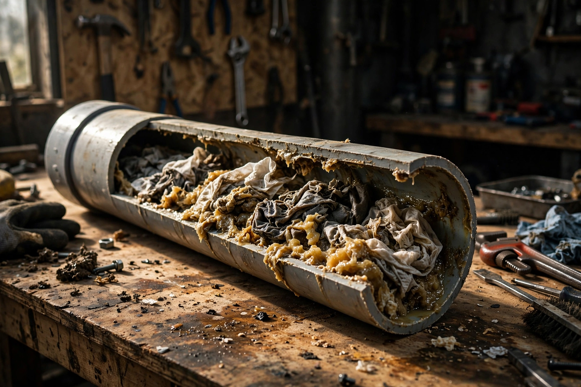 Cutaway of a clogged sewer pipe blocked by wet wipes and grease, pulled from an Ohio home