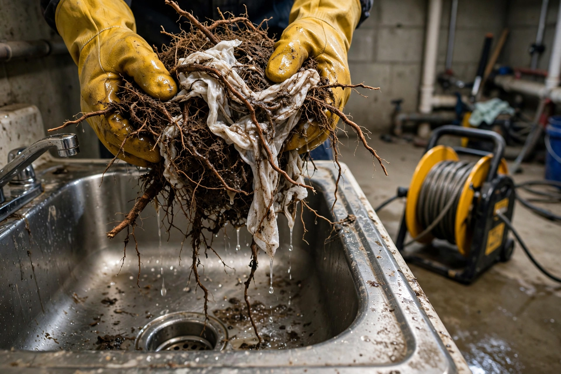 Plumber holding a tangled mass of roots and wet wipes pulled from a blocked Ohio drain