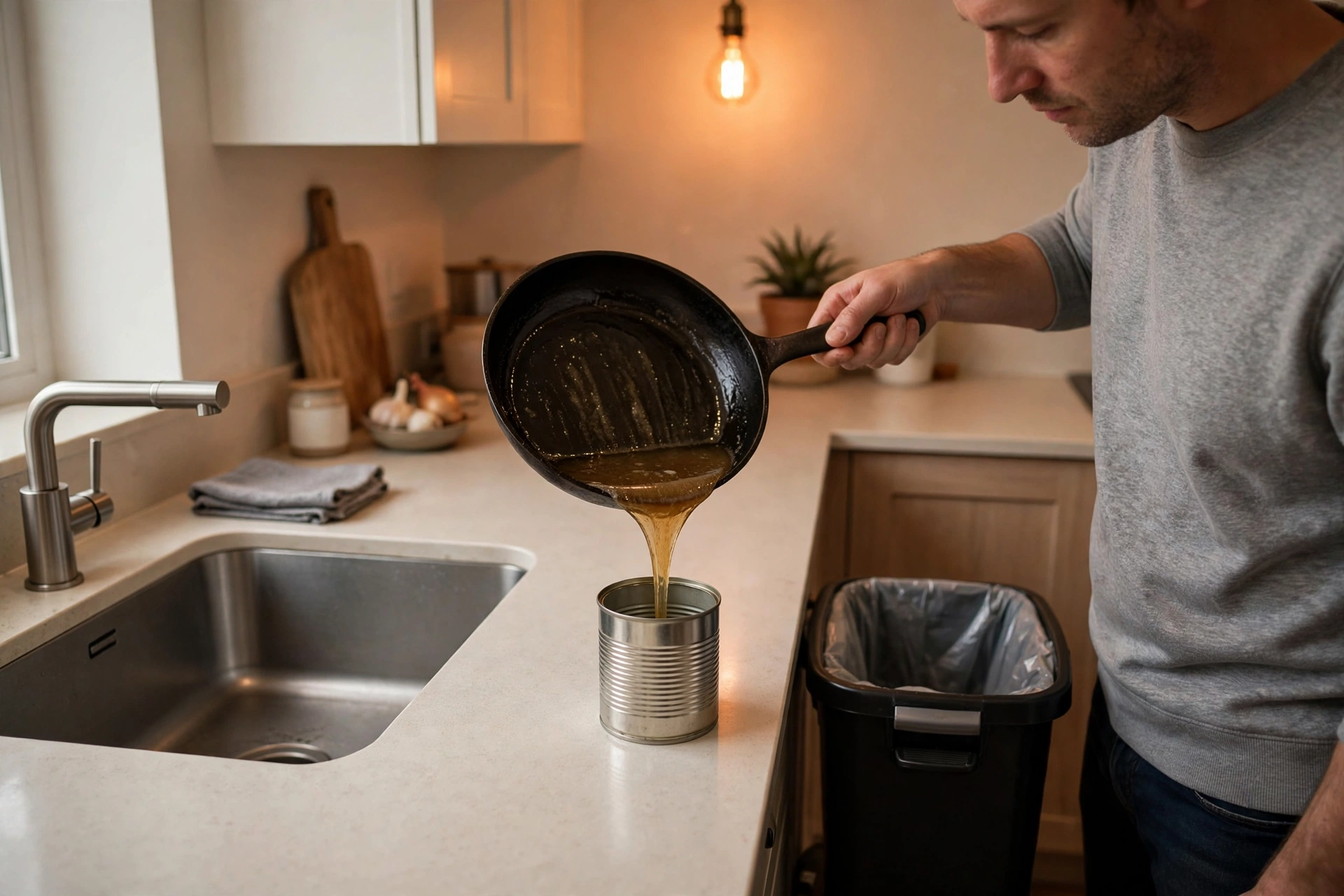 Homeowner pouring cooled cooking grease from a pan into a can in the trash instead of the kitchen sink
