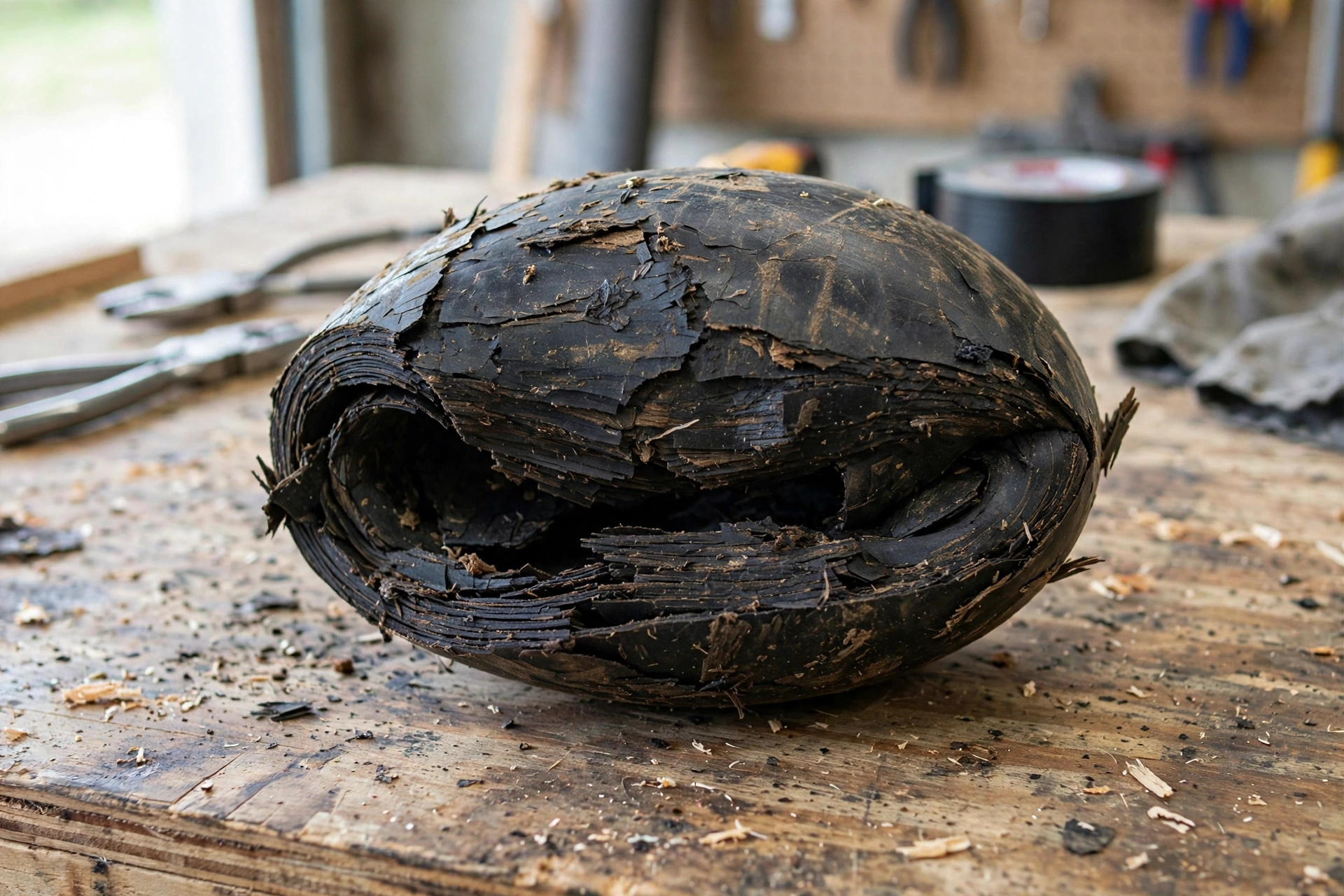 A flattened and deformed black Orangeburg fiber sewer pipe sample crushed into an egg shape on a workbench